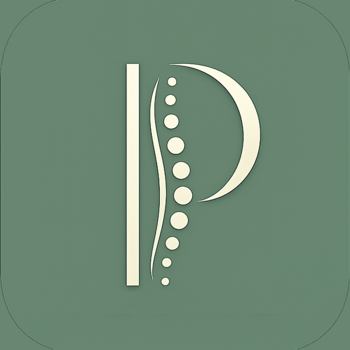 Plumb app icon: a cream P with a spine motif on sage green